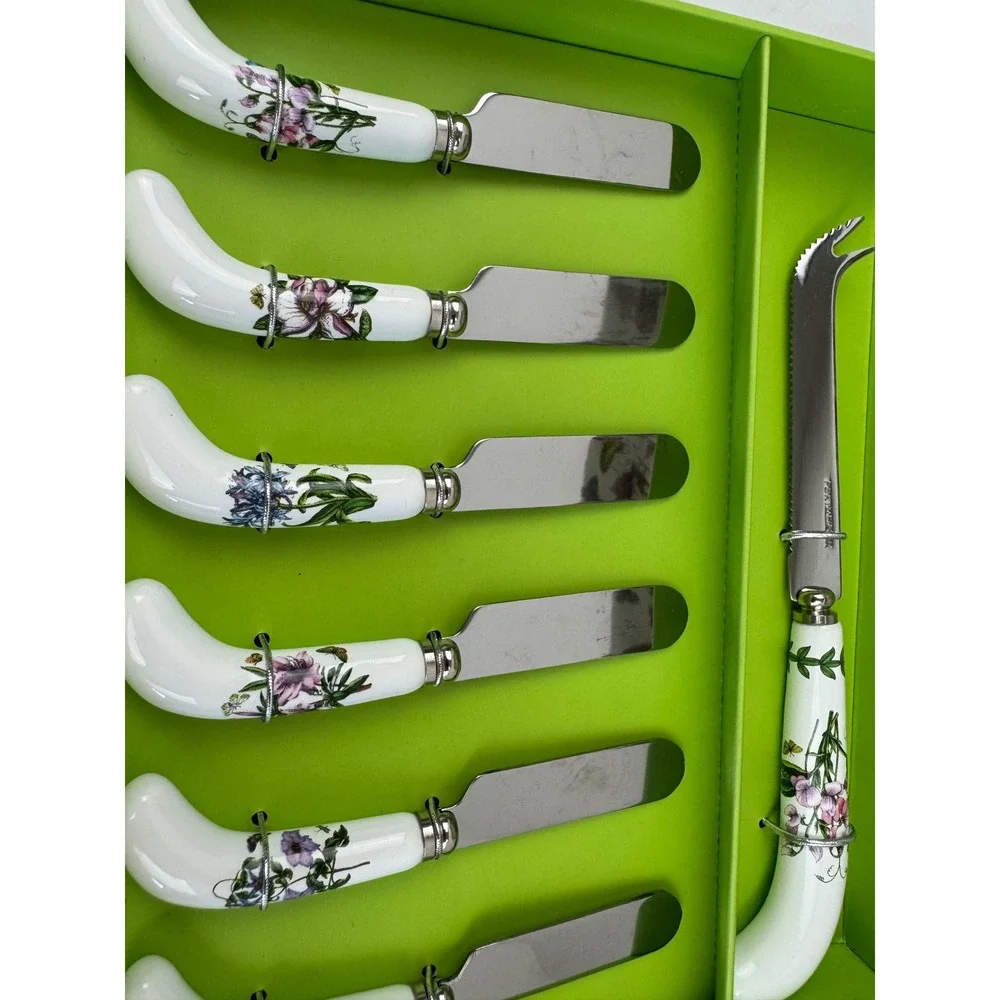 Portmeirion Botanic Garden Cheese Knife 6 Spreaders Set Floral Ceramic Handle